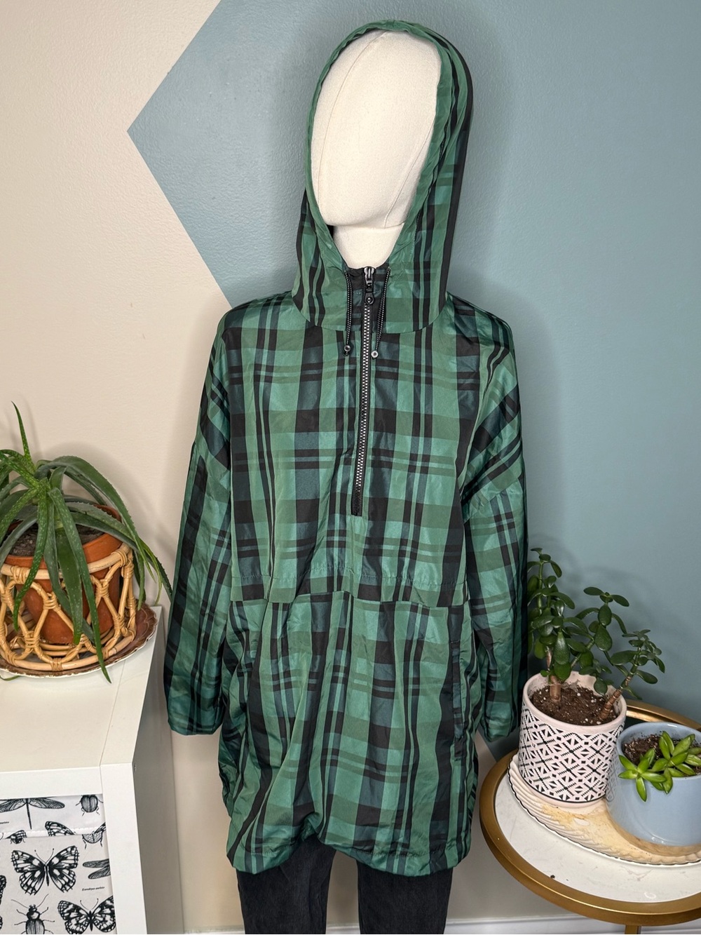 Zara Green Plaid Oversized Hooded Anorak Windbreaker XL - Picture 2 of 12